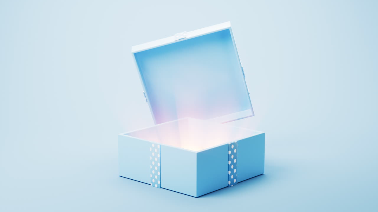Opening blue cartoon style gift box, 3d rendering.