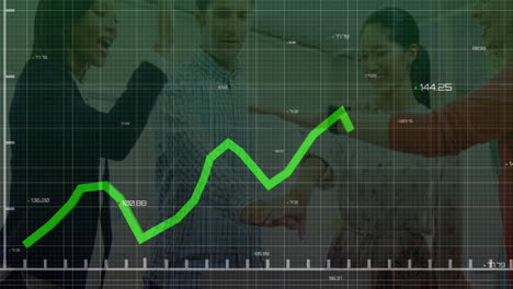 Animation-of-graphs-with-changing-numbers,-diverse-coworkers-discussing-and-putting-hands-together