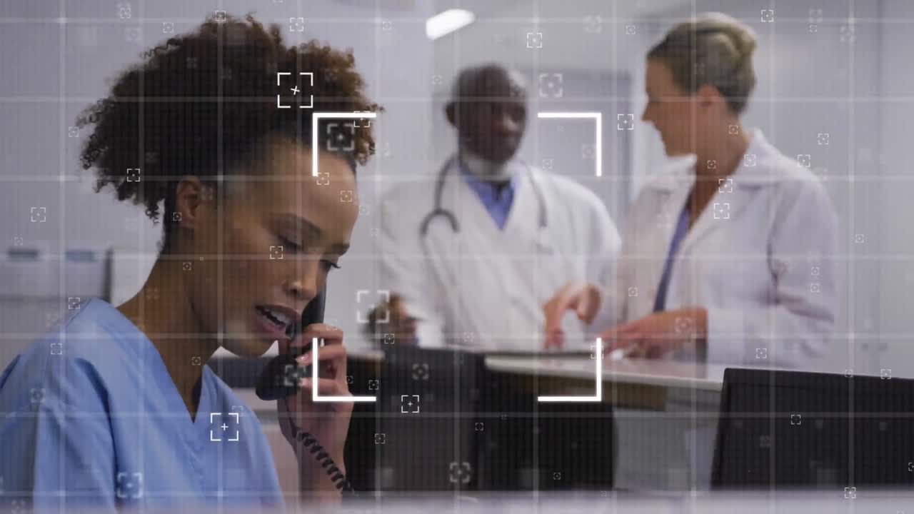 Animation of frame over biracial female nurse talking on phone