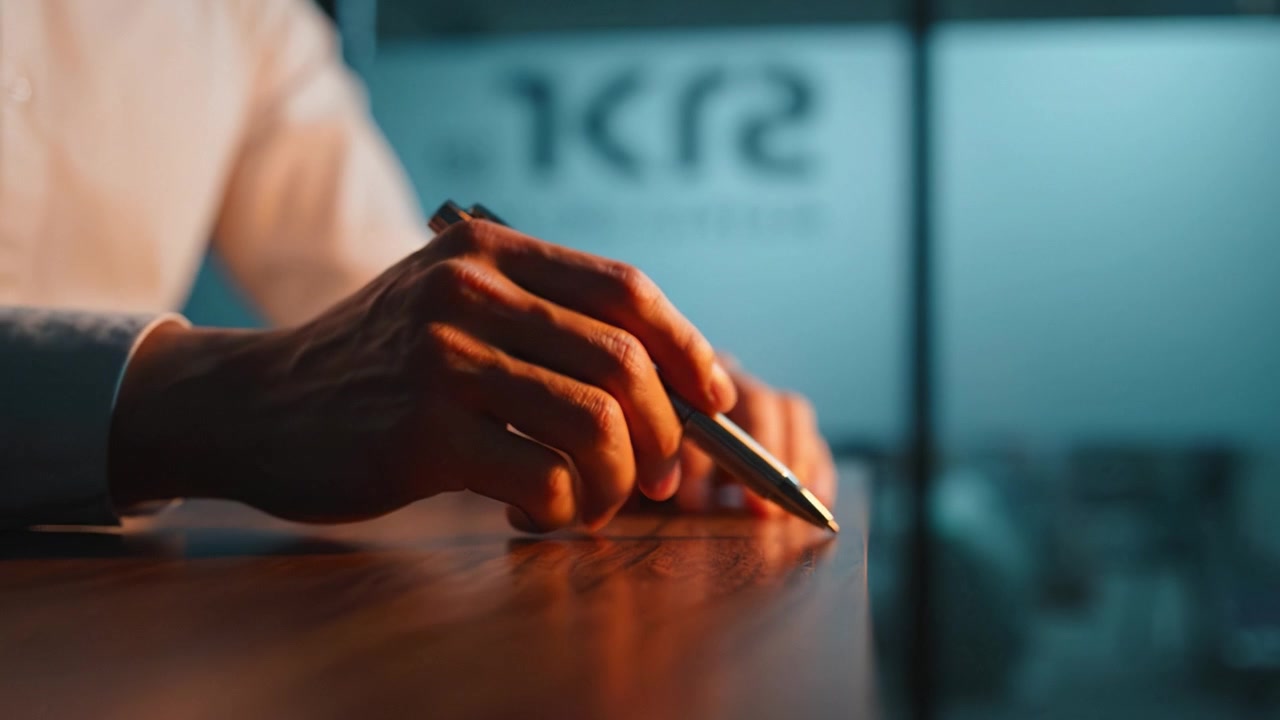 Close-up van een hand die een pen vasthoudt boven een houten tafel met een wazige zakelijke achtergrond, wat gerichte aandacht en professionaliteit illustreert