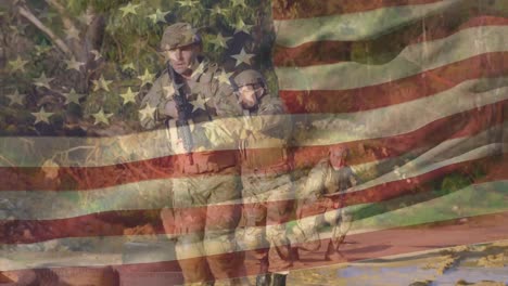 animation of flag of usa over diverse soldiers with armour