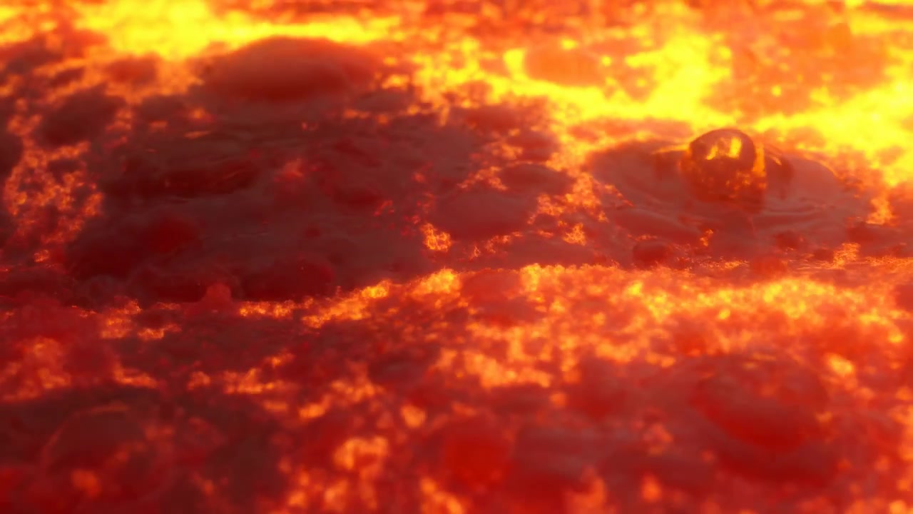 Superficie di lava fusa incandescente sotto il calore, texture di magma ribollente, fiumi incandescenti rosso-arancio, primo piano cinematografico.