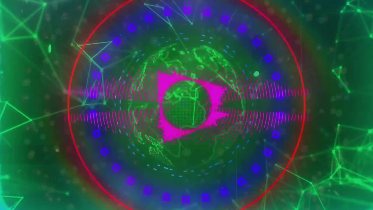 Design piatto che mostra un globo verde circondato da un anello a forma d'onda magenta e nodi di rete al neon.