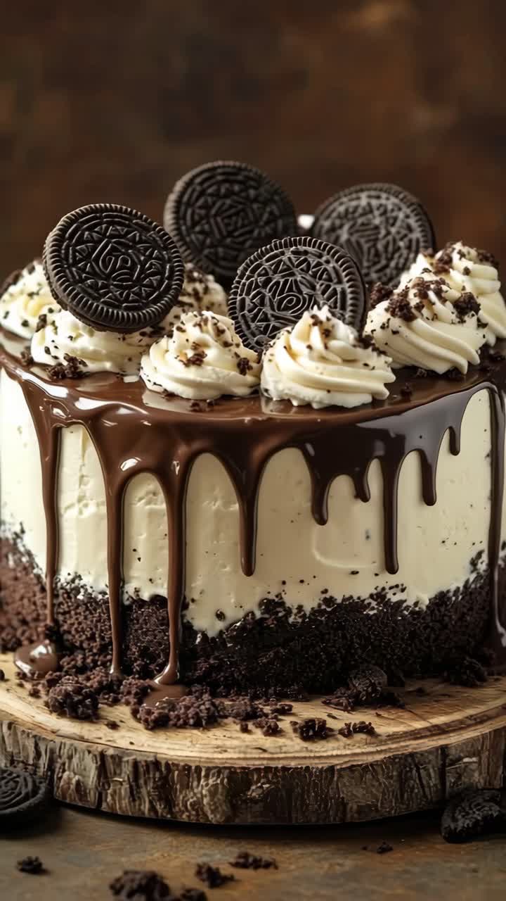 Close-up video shot of a decadent chocolate cake with creamy frosting and cookies on top