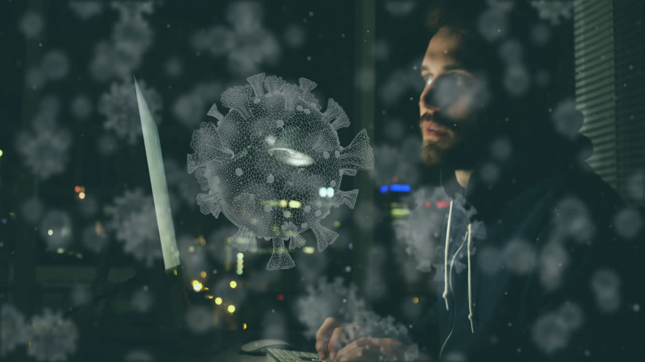 Animation of a hacker hooded man over a macro coronavirus COVID-19 cells floating