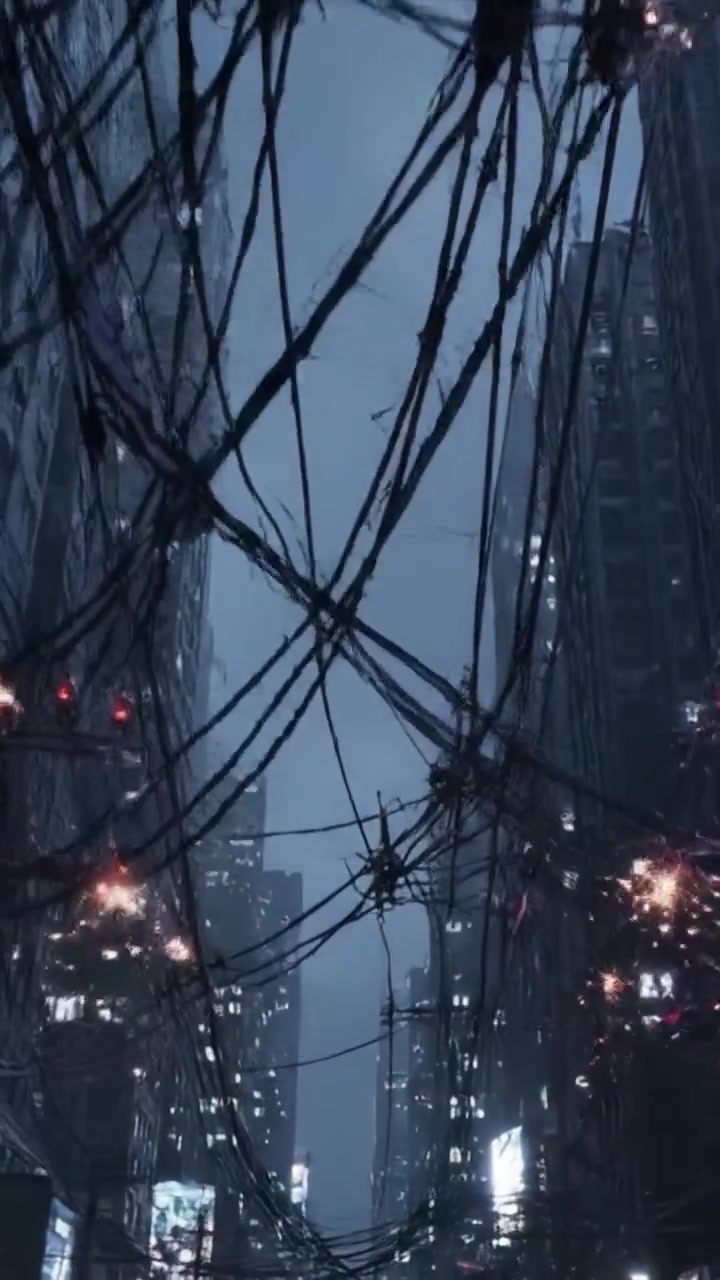 Un misterioso paesaggio urbano pieno di cavi intrecciati e grattacieli imponenti nel cuore della notte, che cattura l'essenza di un paesaggio urbano intriso di neon.