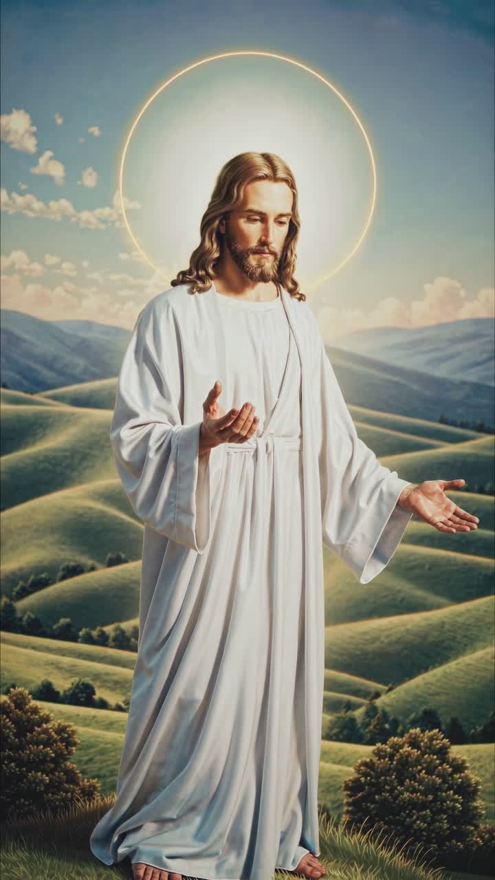 A serene depiction of a spiritual figure with a halo, standing in a lush landscape