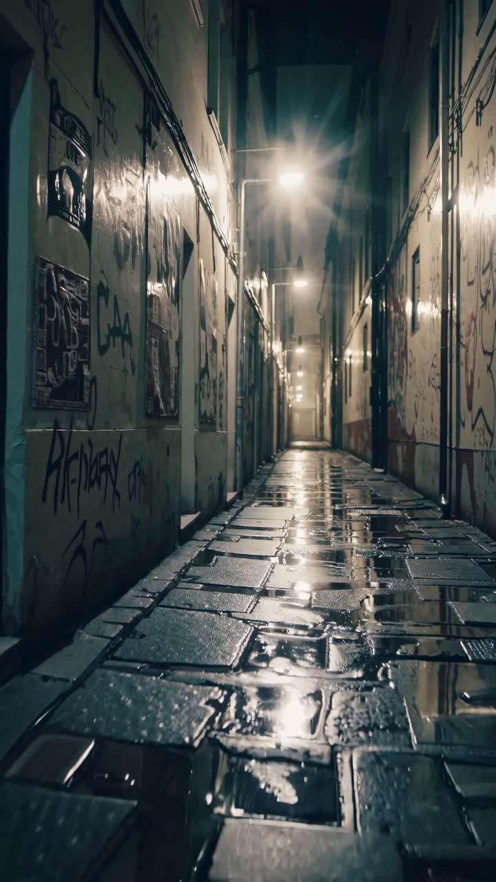 Moody urban alley at night, wet cobblestones reflecting streetlights