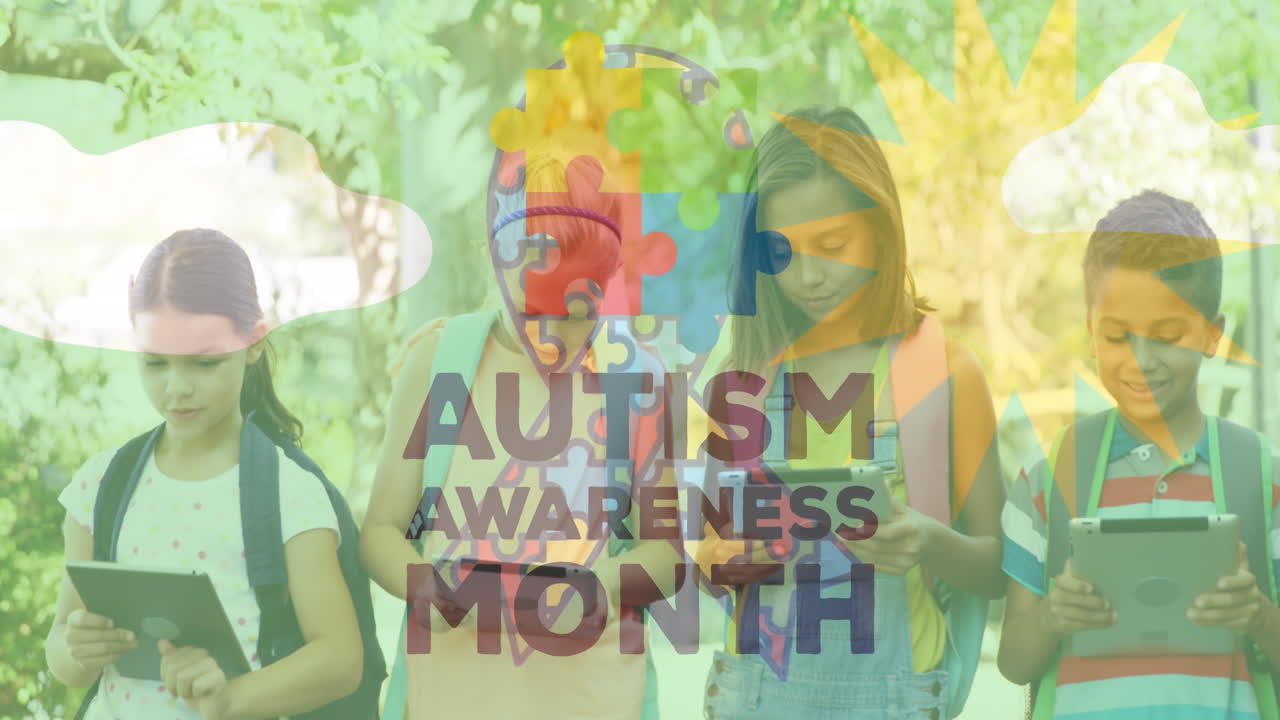 다채로운 퍼즐 조각과 자폐증 텍스트의 애니메이션 어린이 친구들이 전자 장치를 사용합니다.