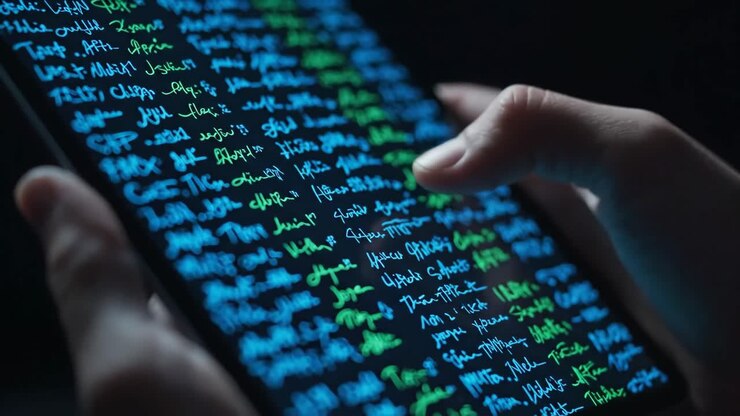 Hands interacting with digital code on a tablet screen