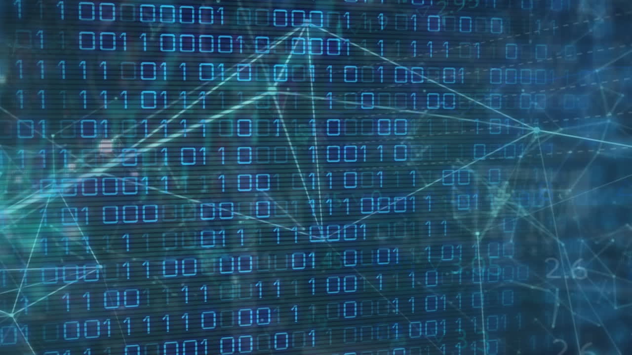 Animation of connected dots over looping binary codes against abstract background