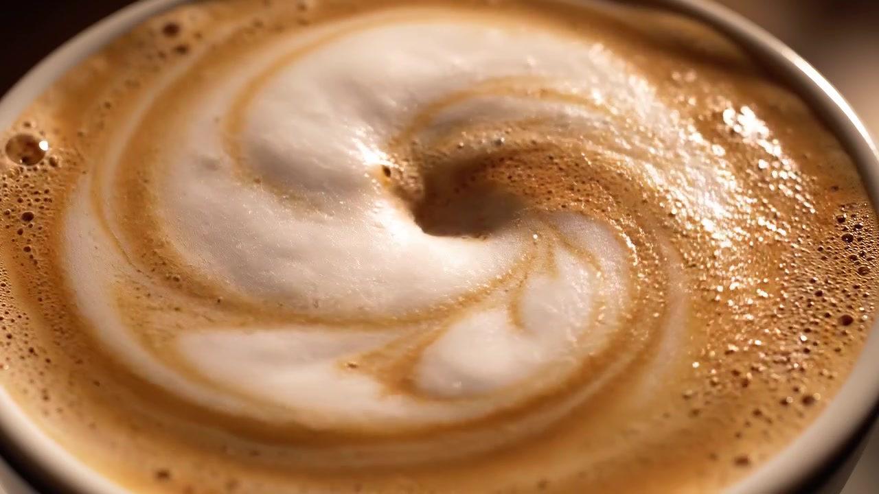 Primo piano di latte art cremoso con volute di espresso