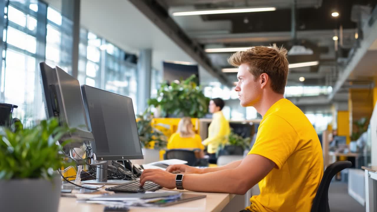 Focused Young Man Working Intently at a Modern Office Desk Surrounded by Plants and Natural Light, Engaged in Computer Tasks