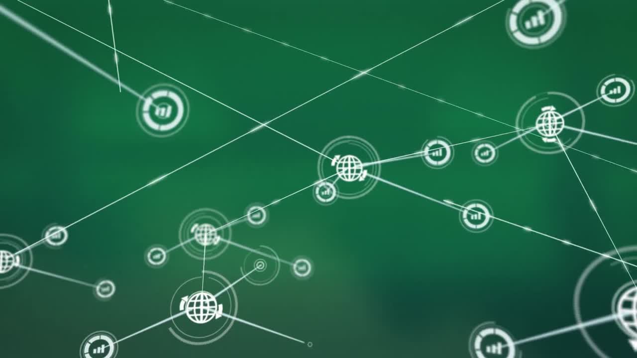 animación de iconos digitales interconectados con líneas contra fondo verde