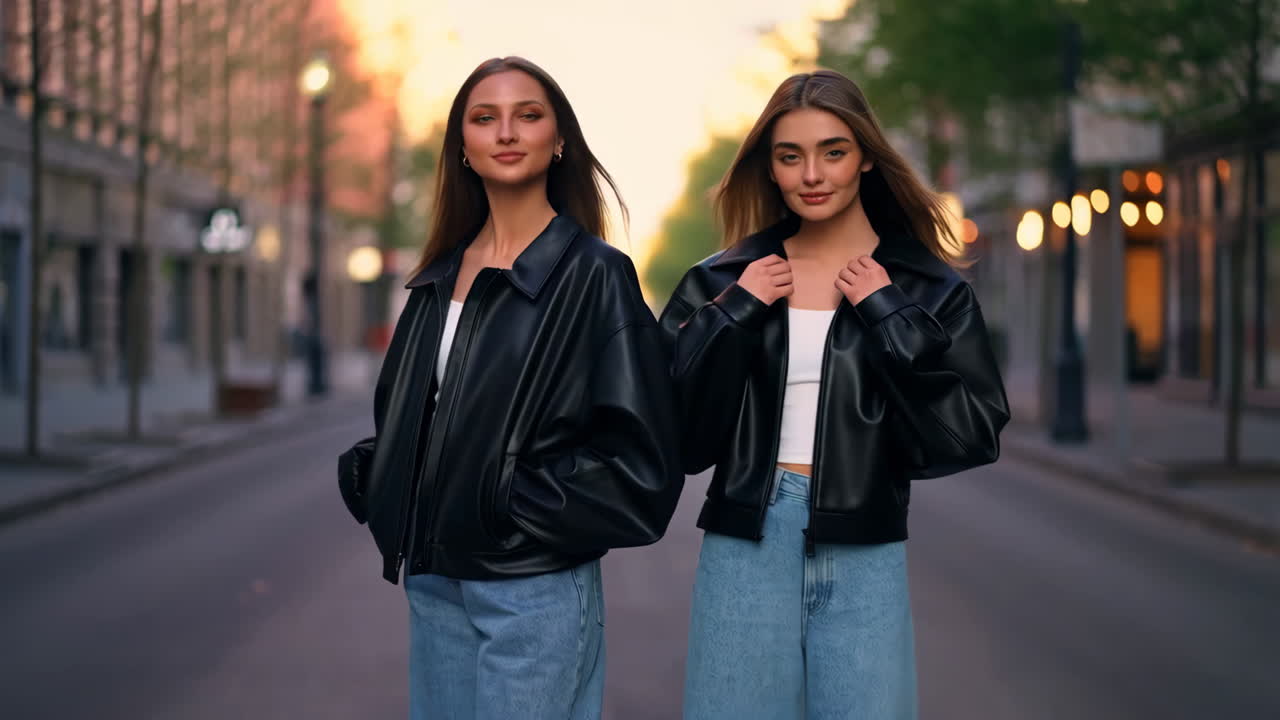 Two women in leather jackets and jeans on a city street