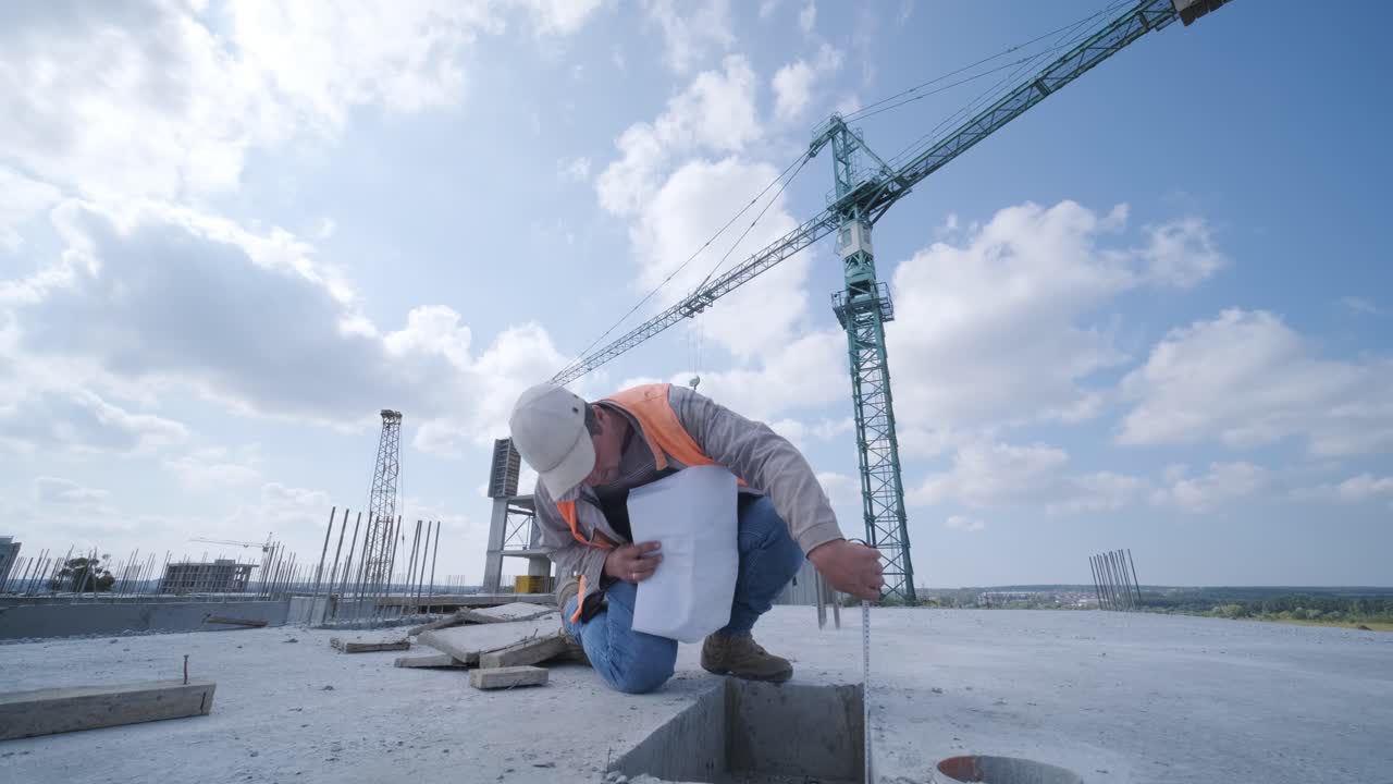 검사 또는 엔지니어는 테이프 측정을 사용하여 집의 건설 및 품질 보장 검사 차원을 검사합니다. 엔지니어 또는 건축가 또는 컨택터는 판매하기 전에 집을 짓기 위해 일합니다.