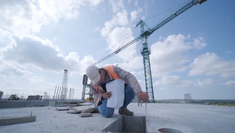 inspector o ingeniero está inspeccionando la construcción y la garantía de calidad comprobar la dimensión de la casa mediante el uso de una cinta de medición. ingenieros o arquitectos o contactor trabajo para construir la casa antes de vender.