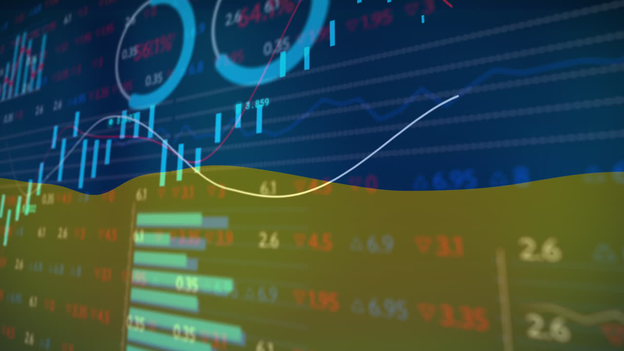 Animace ukrajinské vlajky nad zpracováním finančních dat.