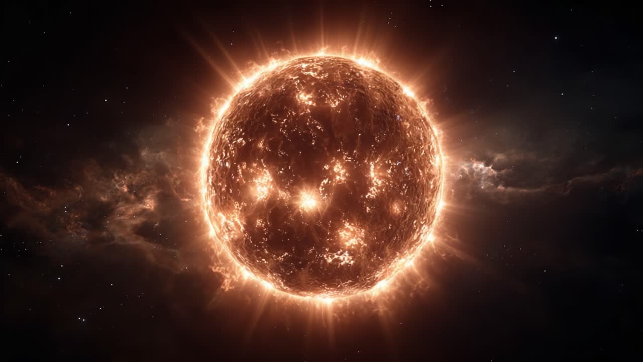 Et imponerende kosmisk skue: Den strålende sol skinner klart i et vidtstrakt stjernelandskab, omgivet af himmelske skyer og interstellare fænomener
