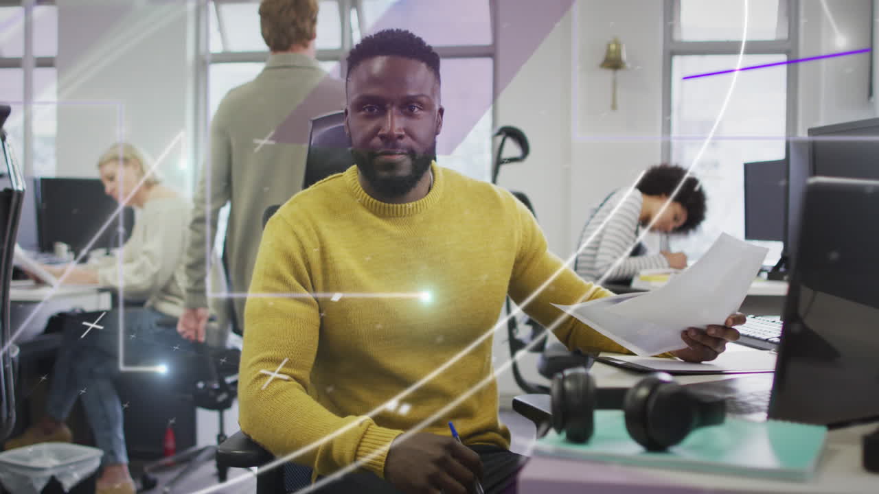 Animation of data processing over diverse business people in office