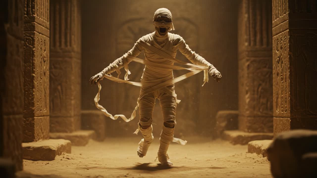 A Mummy's Awakening: In a Mystical Ancient Temple, a Wrapped Figure Escapes from Darkness, Defying Time and Space, Bringing Horror and Fascination to Life