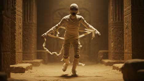 a mummy's awakening: in a mystical ancient temple, a wrapped figure escapes from darkness, defying time and space, bringing horror and fascination to life
