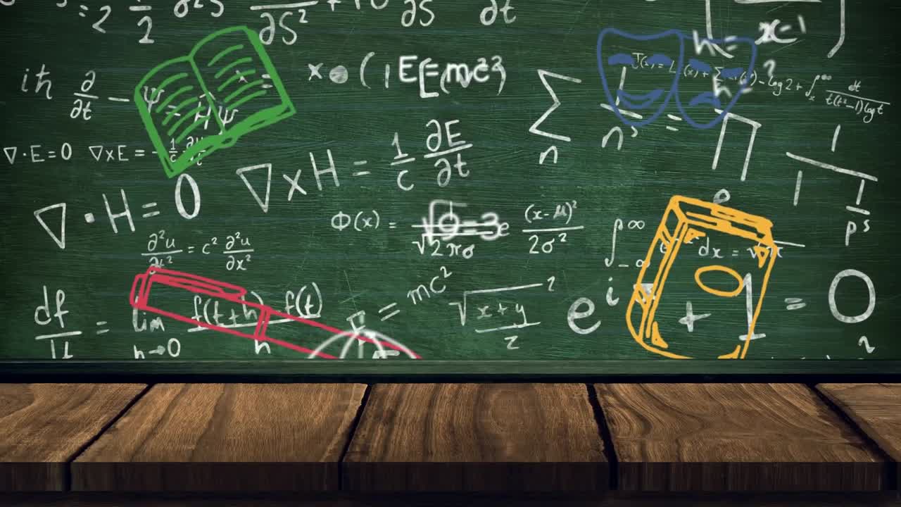 학교 개념 아이콘의 디지털 애니메이션 목재 표면에 대한 수학 방정식에 대한 그래프