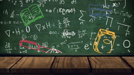 animación digital de iconos de conceptos escolares sobre superficie de madera contra ecuaciones matemáticas en gree