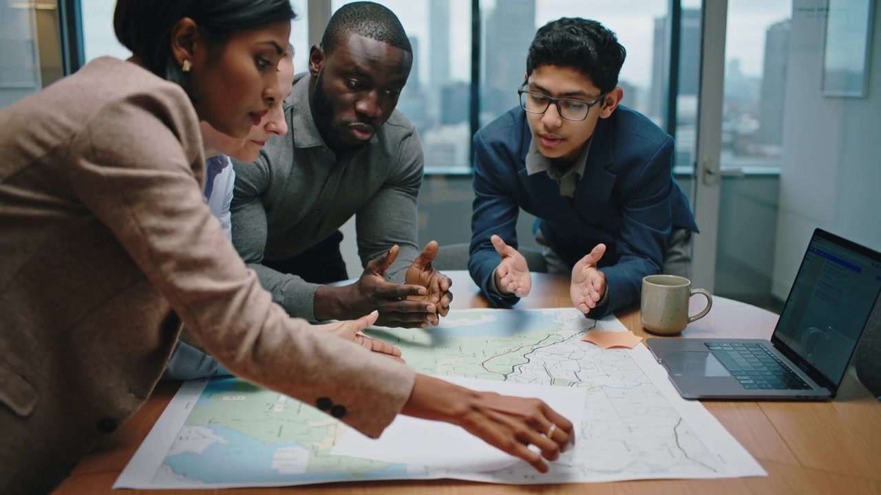 Placing sheet, left woman in blazer moving overlay while team gesturing at table to review map