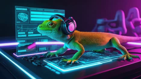lizard gamer with headphones on neon setup