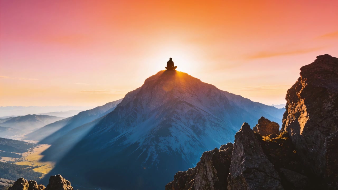 Escursionista solitario seduto che medita dopo aver raggiunto la vetta mentre il sole illumina pendii, rocce e la valle.