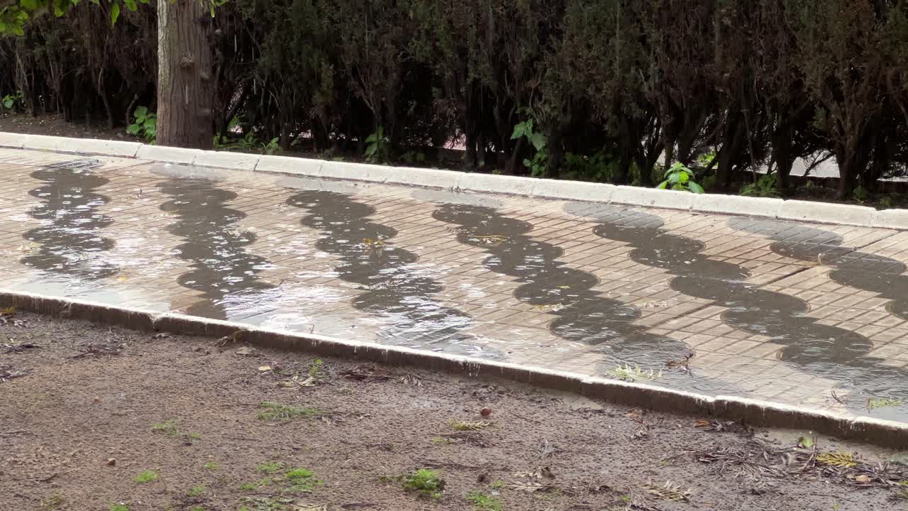 wet cobblestone path covered with water during the rain