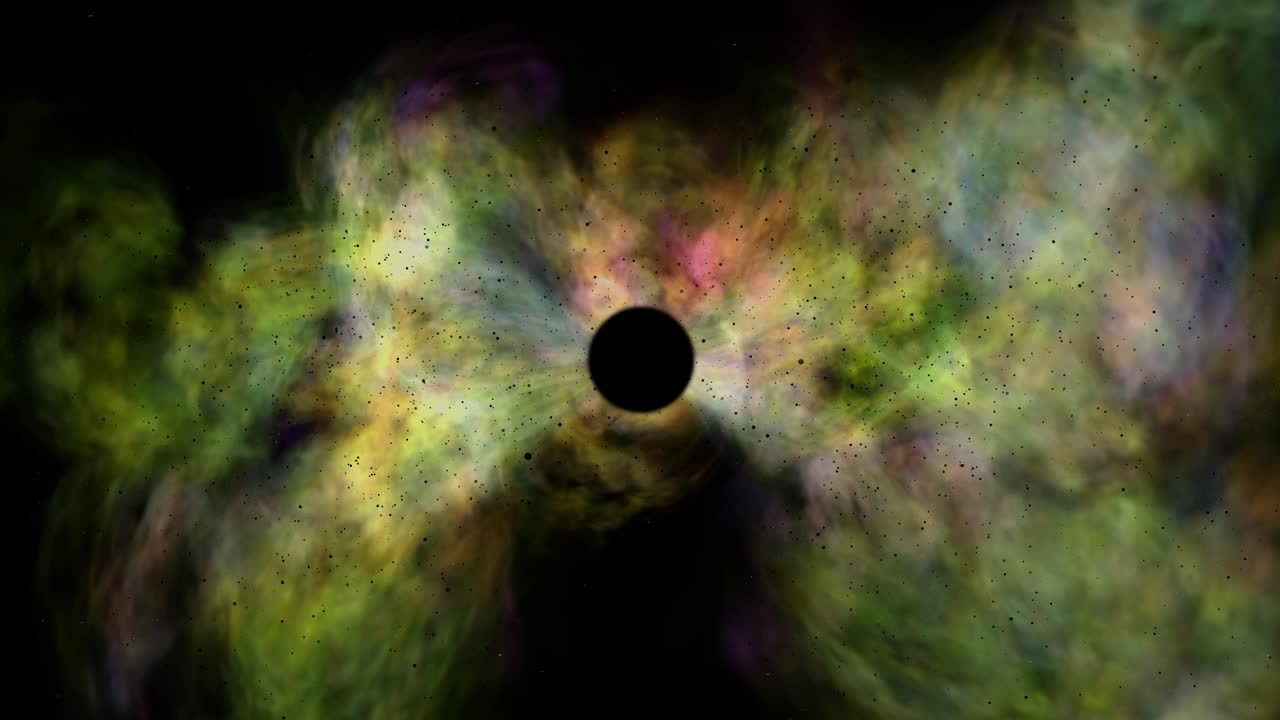 Swirling clouds of gas, dust and dark matter getting sucked into a black hole in outer space