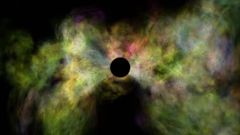 swirling clouds of gas, dust and dark matter getting sucked into a black hole in outer space