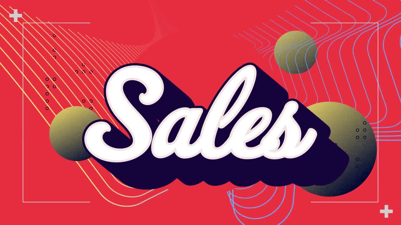 animación del texto de venta retro con bolas amarillas, marcadores y procesamiento de datos