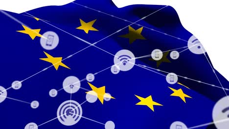 Animation-Des-Verbindungsnetzwerks-Und-Der-Symbole-über-Der-UE-Flagge