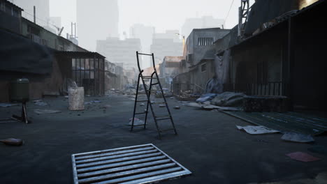 abandoned urban street with a ladder in a desolate cityscape during daylight