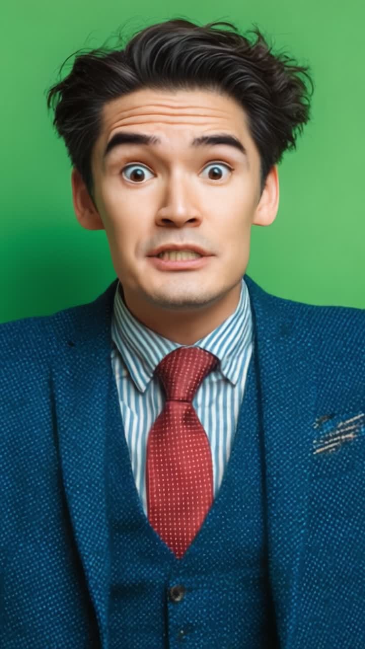 A Surprised Individual Transitions from Shock to Calmness: A Visual Journey Capturing the Spectrum of Emotions Against a Vibrant Green Background