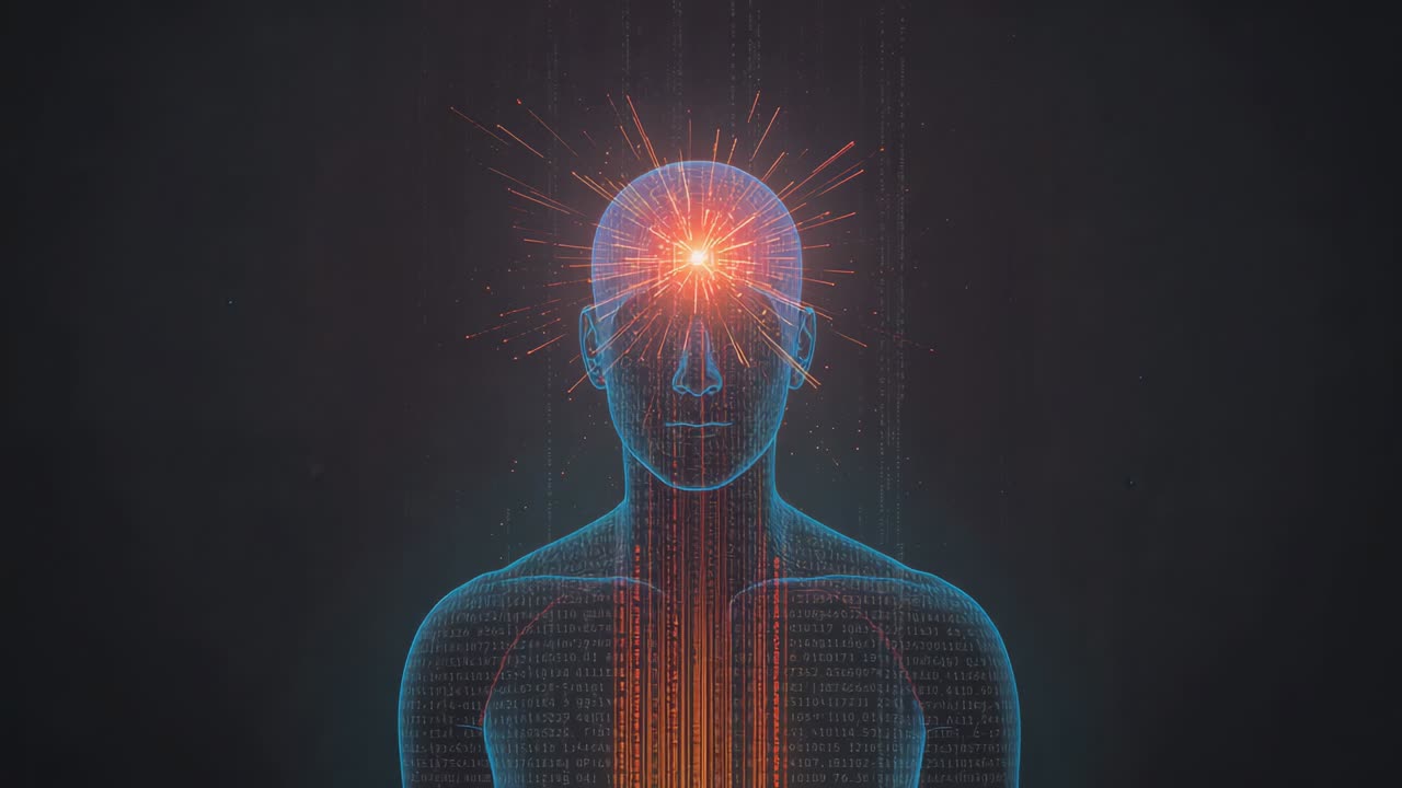 Showing wire bust, brow orb rising, growing sparks forming data lines in dark void, simulating flow