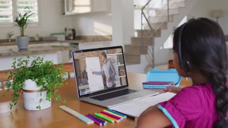 African-american-girl-raising-her-hand-while-having-a-video-call-with-male-teacher-on-laptop-at-home