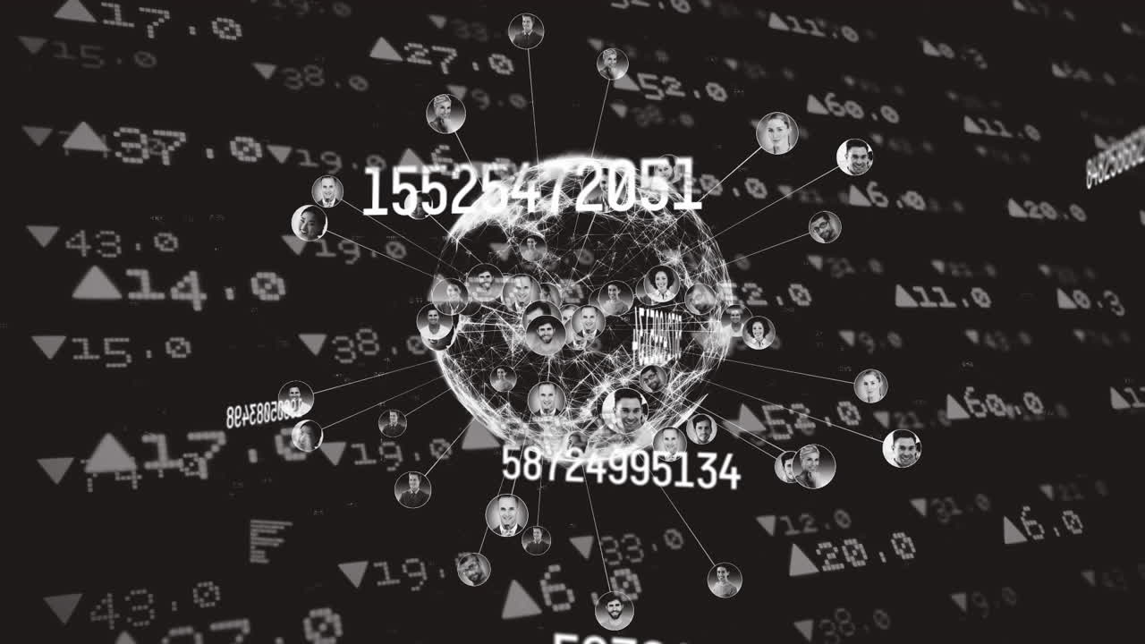 어두운 배경 위의 데이터 처리 및 연결 네트워크의 애니메이션