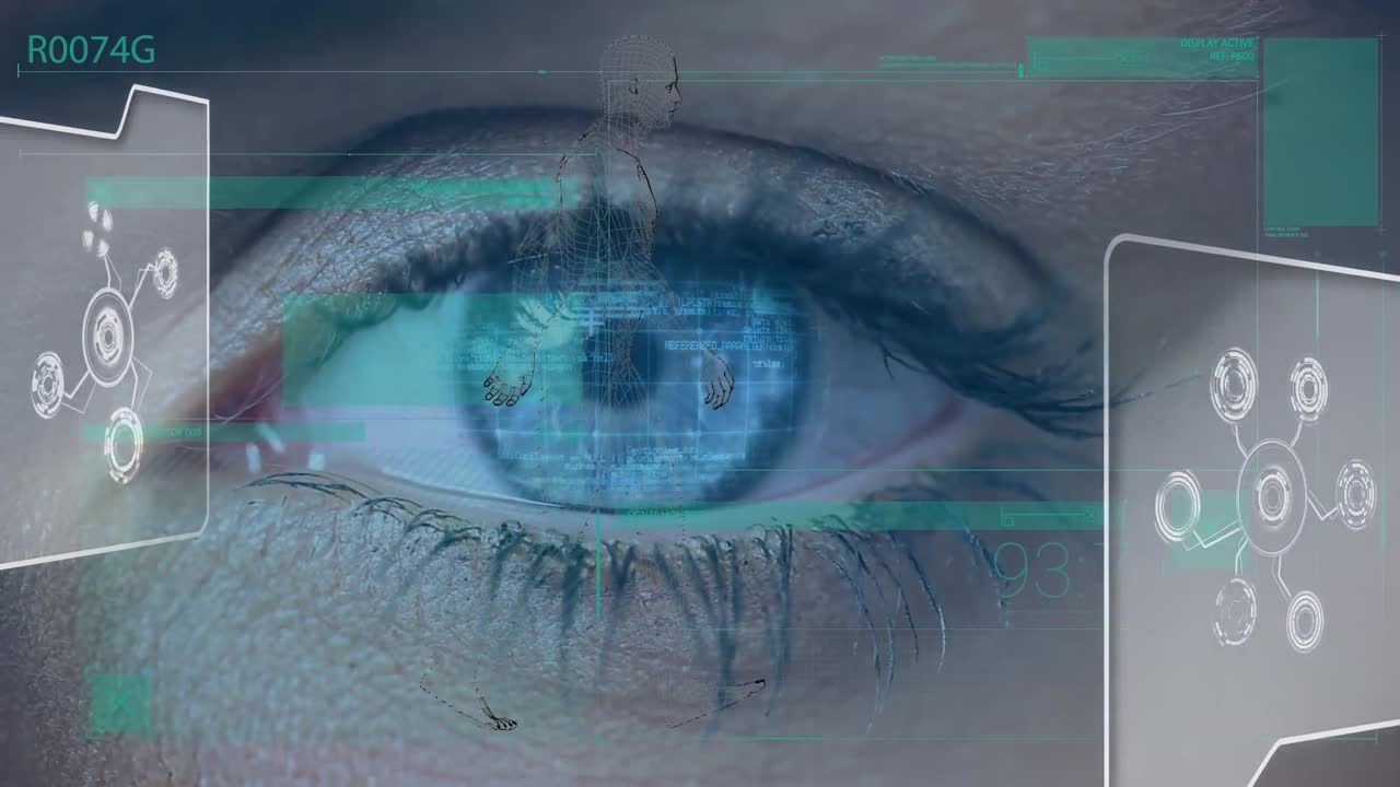 animazione di persona digitale che cammina e bulbo oculare femminile scansione dati di programmazione e cellule biologiche