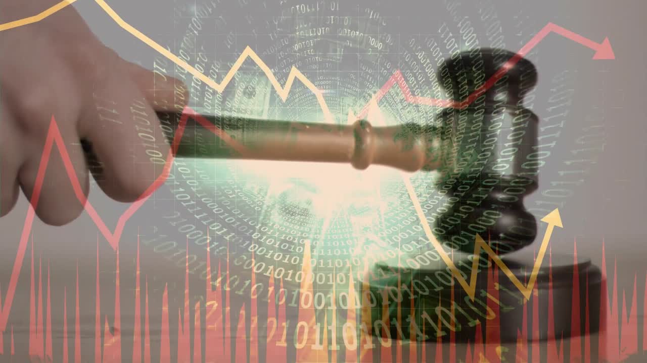 Animation of statistics, binary coding and financial data processing over auctioneer's hammer