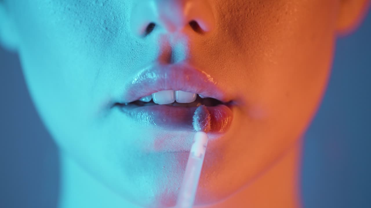 primer plano extremo de una mujer joven aplicando brillo de labios brillante en sus labios para labios hermosos y lisos con contraste naranja turquesa en su rostro en cámara lenta
