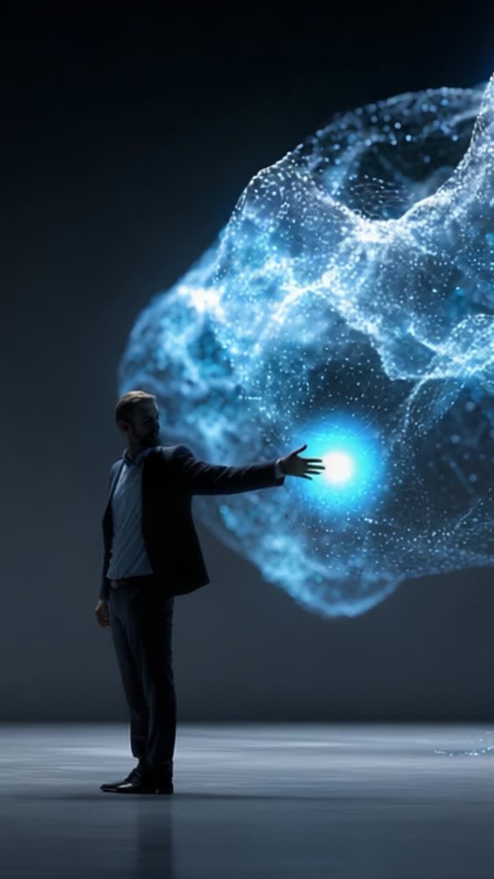 Uma Troca Dinâmica Entre Dois Indivíduos, Interagindo com uma Interface Holográfica, Cercados por Energia e Luz Digitais Deslumbrantes em um Ambiente Inovador