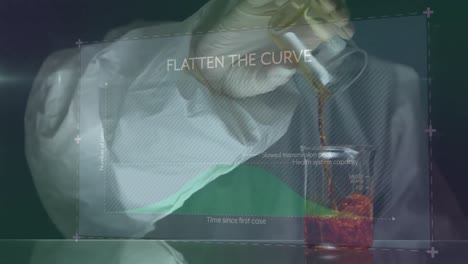 Animation-Des-Diagramms-Mit-Abflachung-Der-Kurve-über-Den-Händen-Eines-Laboranten-Mit-Probe