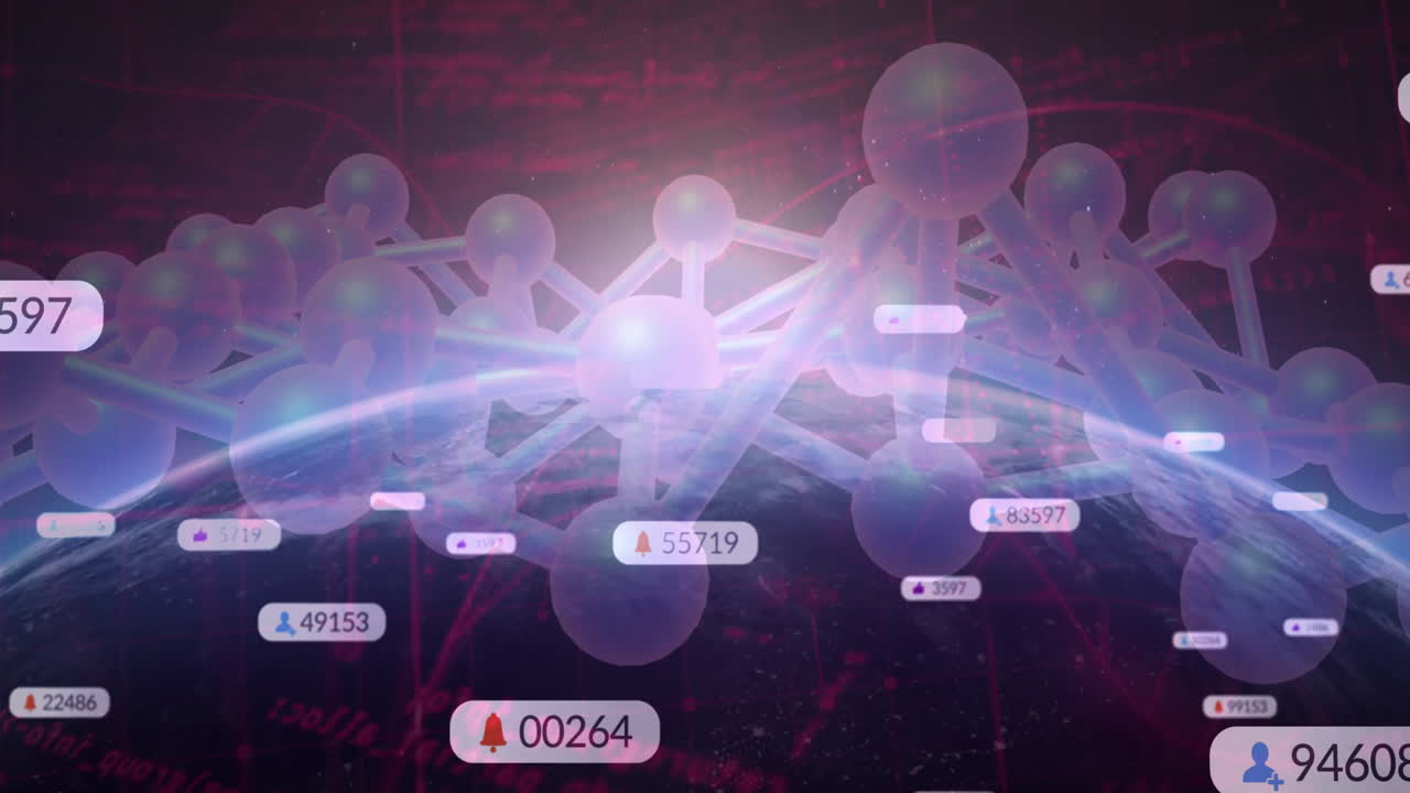 Animation of digital network with numerical data over world map in school