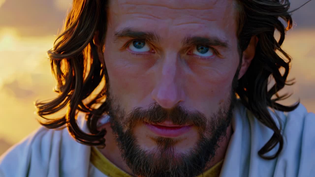 파란 눈과 긴 머리카락을 가진 선지자는 해가 뜨는 동안 깊은 믿음으로 기도하고, 깊은 영적 헌신과 내면의 평화로 하늘을 바라보고 있습니다.