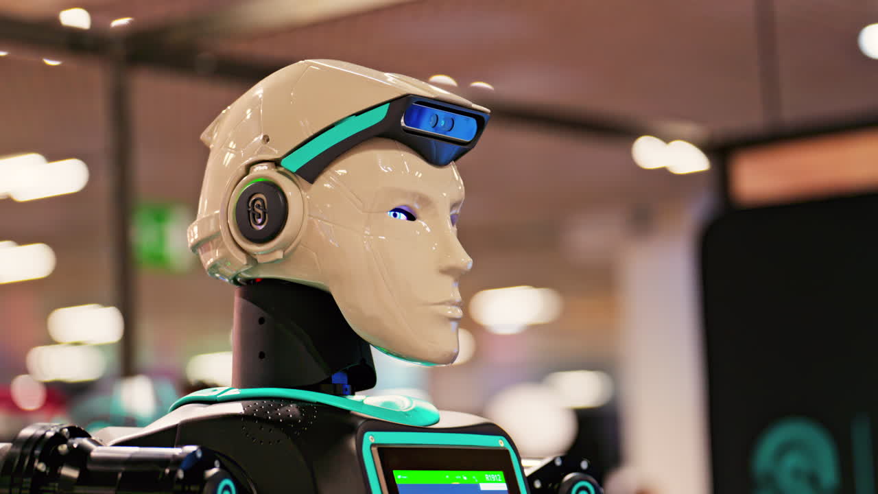 Cannes, France - February 15, 2025: Humanoid robot with a sleek black and white body, and glowing blue eyes, standing at conference