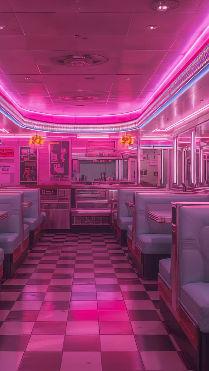 Vertical video: Recording camera pushing forward, showing empty diner with booths, capturing neon